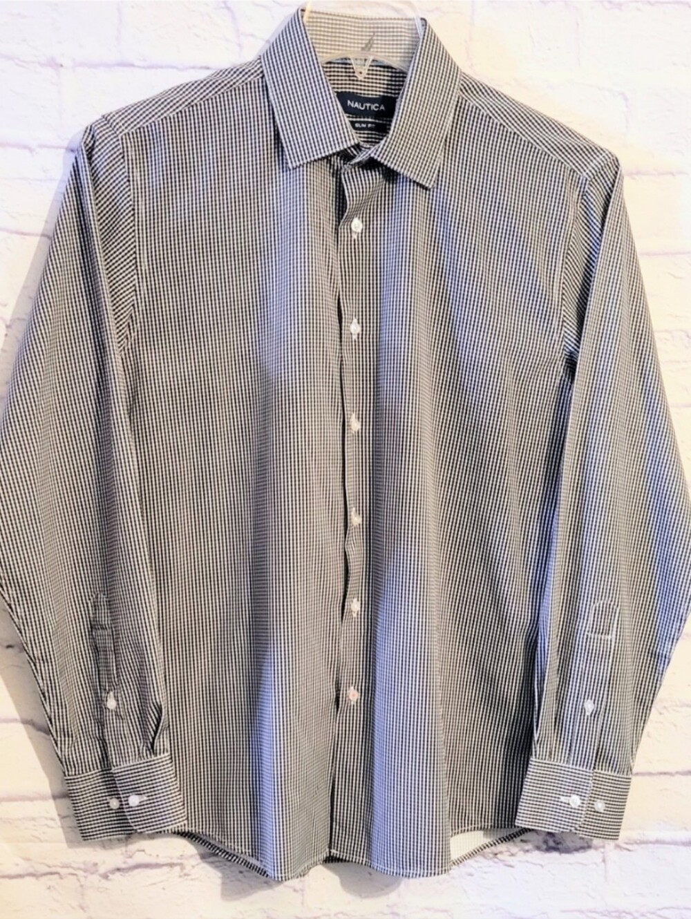 Nautica Dress Shirt Mens Black Gray White Gingham Slim Fit Size M Office Career